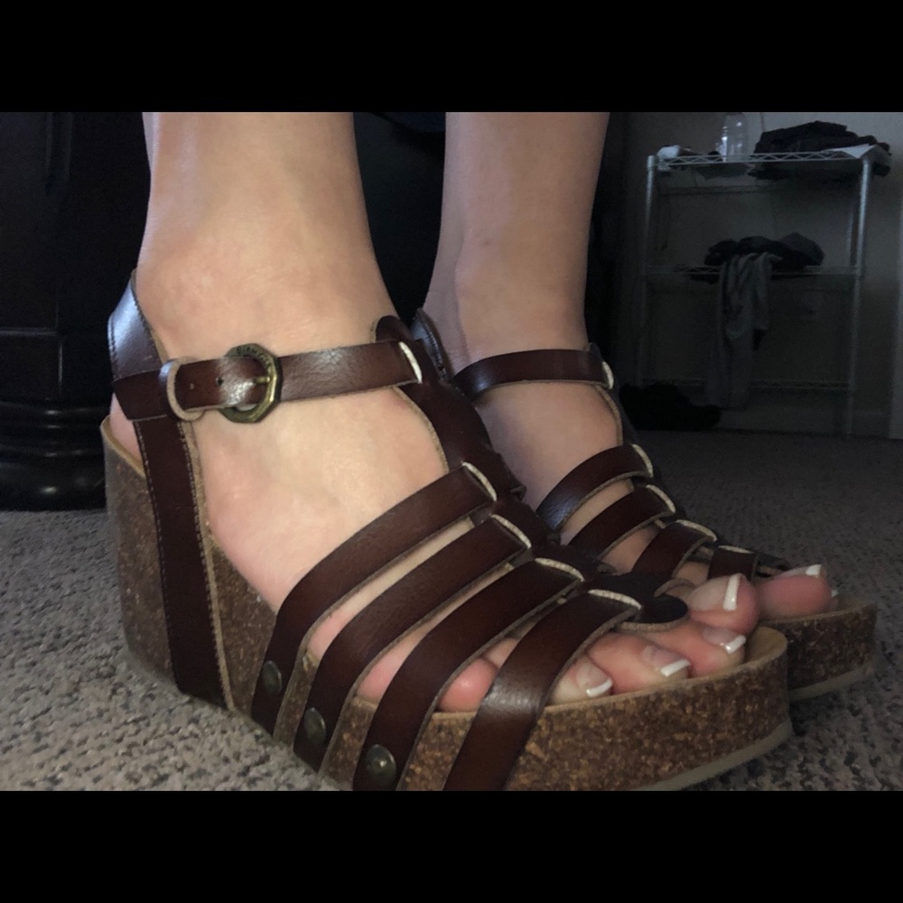 Blowfish Brown Leather Cork Wedge Sandals